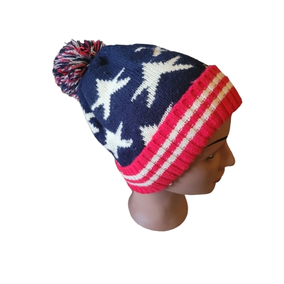 Stars And Stripes Winter Sweater Knit Toboggan Red White and Blue American USA - Picture 3 of 5